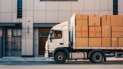 A delivery truck fully loaded with cardboard boxes, parked outside a building, demonstrating the final stage of goods preparation before transportation to their destination.