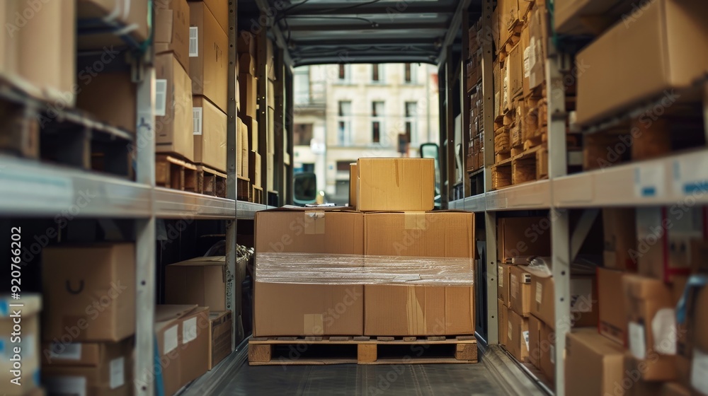 Poster several stacks of cardboard boxes are carefully arranged inside a delivery truck, showcasing the eff