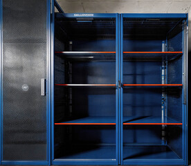 A blue and red storage unit with a black door