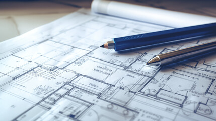 Detailed Architectural Blueprint On A Table With Precision Instruments And Pencil, Showcasing Professional Design Work