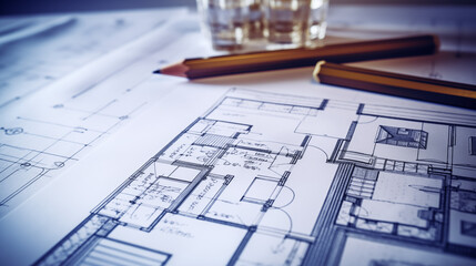 Detailed Architectural Blueprint With Pencil And Glasses Placed On The Table, Capturing A Professional Design Atmosphere
