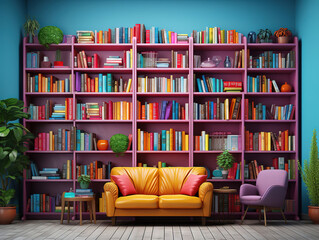 Superb Traditional library interior flat orthogonal composition with bookshelves