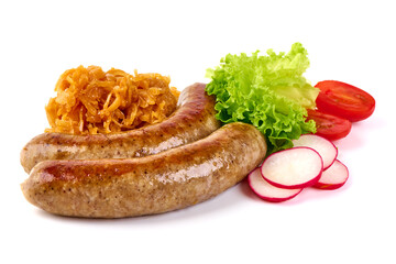 Grilled German Pork Sausages, munich sausage, isolated on white background.