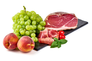 Italian prosciutto crudo or spanish jamon with grape, isolated on white background.