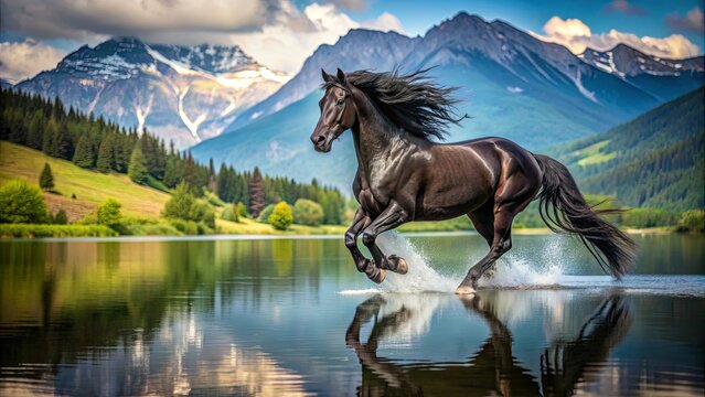 Beautiful friesian horse running around lake surrounded by mountains, friesian horse, beautiful, running, lake, mountains