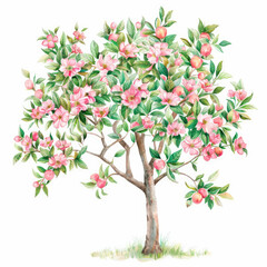 Bright Watercolor Illustration of a Cheerful Peach Tree in Full Fruit