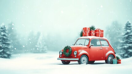 Red vintage car with Christmas presents and wreath in snowy winter landscape.