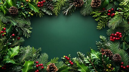 Green Christmas wreath with holly berries and pine cones on a green background.
