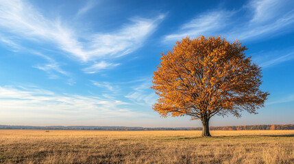 A tranquil autumn scene with a lone tree standing in a field under a clear blue sky, radiating peacefulness and serenity.