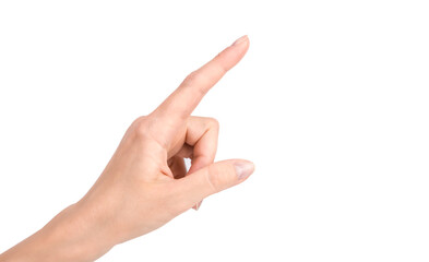 Female hand isolated on a white background. A woman's hand points to something with her index finger.