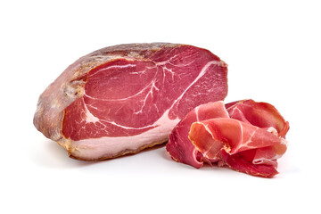 Italian prosciutto crudo or spanish jamon. Jerked meat, isolated on white background.