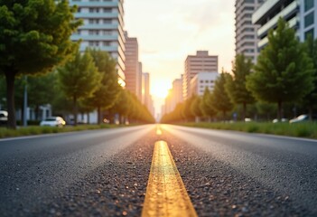 Obraz premium Candid Photo of a Summer City Street with Asphalt Road and Buildings in the Background