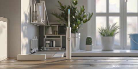 A blank electric toothbrush resting on a desk in a stylish, tidy workspace