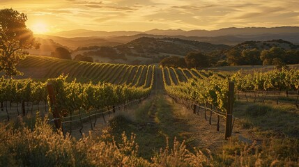 Scenic vineyard view bathed in the breathtaking hues of a setting sun, against the backdrop of rolling hills and an expansive countryside sprinkled with greenery.