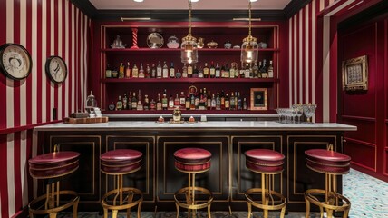 A luxurious home bar designed with bold, striped wallpaper and brass accents, reminiscent of a vintage circus concession stand,