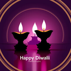 Fototapeta premium happy diwali background with burning candles, dark and blurred background