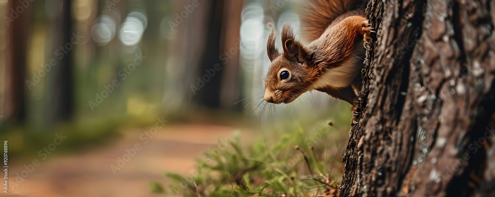 Poster red squirrel peeking from behind a tree trunk in a forest