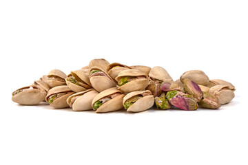 Pistachio nuts, isolated on white background. High resolution image.