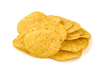 Mexican nachos chips, corn tortilla crisps, isolated on white background.