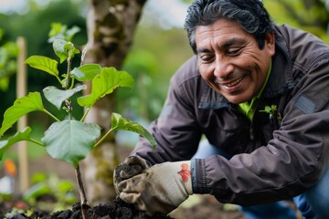 A cheerful man tends to a young tree sapling in his garden, expressing care, hope, and the nurturing spirit required to foster growth and environmental stewardship amidst nature.