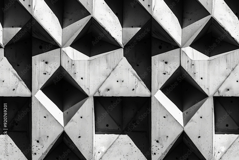 Poster black and white image featuring repetitive geometric shapes and patterns on a concrete surface, show