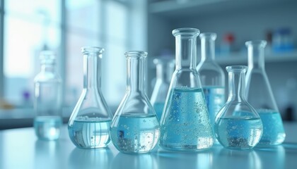 Elegant chemistry flasks with blue solutions ready for scientific exploration