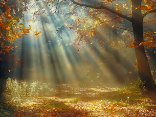 A bright sunny day in a forest with a tree in the foreground. The sun is shining through the leaves of the tree, creating a beautiful and peaceful scene