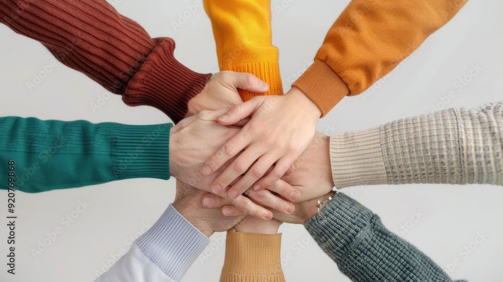 Poster diverse team members joining hands in unity for a collaborative corporate training session focused o