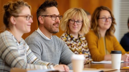 A diverse group of professionals engaged in a collaborative training session on diversity and inclusion within a modern office environment  The team is working together