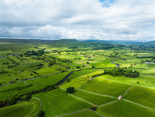 Farms and Fields over Yorkshire Dales National Park from a dron, North Yorkshire, England