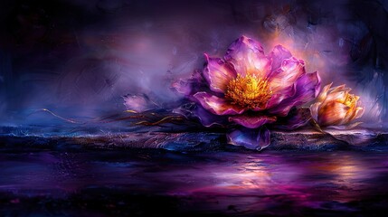   A depiction of a lilac blossom perched atop a tranquil body of water, mirrored in its surface below