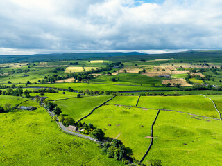 Farms and Fields over Yorkshire Dales National Park from a dron, North Yorkshire, England