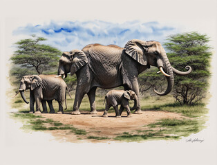 Fototapeta premium A painting of three elephants, one of which is a baby