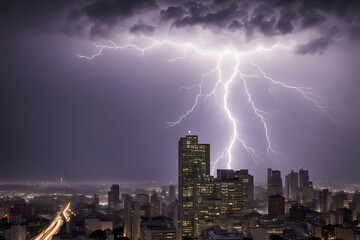 A single lightning bolt striking a tall building in a modern cityscape during a storm, AI-Generated