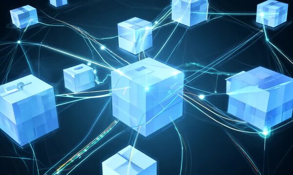 Futuristic blockchain network concept with interconnected cubes and digital connections in a technology illustration. 4K