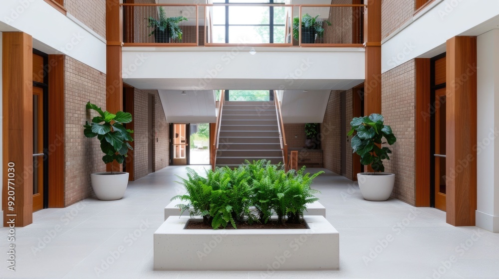 Poster bright and spacious architectural lobby with minimalist design elements showcasing the principles of