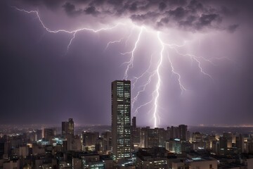 A single lightning bolt striking a tall building in a modern cityscape during a storm, AI-Generated