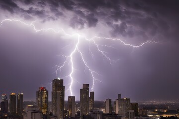 A single lightning bolt striking a tall building in a modern cityscape during a storm, AI-Generated