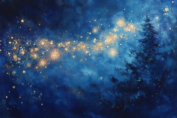 Enchanted forest under starry night sky, sparkling lights