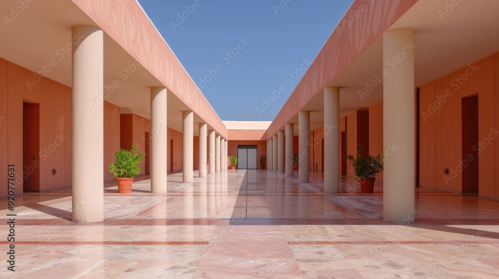 Poster accessible and inviting architectural passage with minimalist design elements showcasing symmetry ge