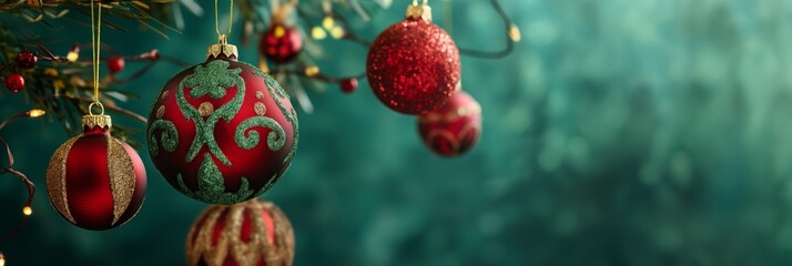 Obraz premium Close-up of various red Christmas ornaments hanging on a tree branch with a green background, evoking a festive holiday feeling.