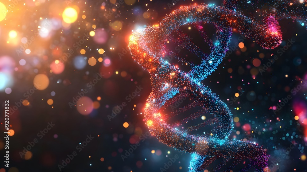 Poster abstract dna double helix with glowing particles.