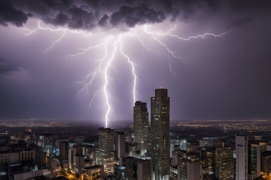A single lightning bolt striking a tall building in a modern cityscape during a storm, AI-Generated - Powered by Adobe
