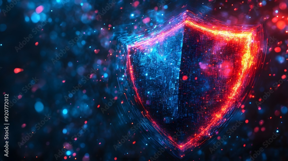 Poster abstract shield with neon lights and glowing particles.