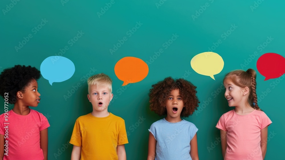 Poster image of a diverse group of happy smiling children of different ethnicities engaging in lively commu