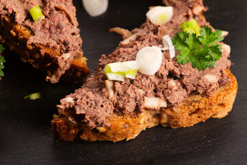 Sandwiches with homemade chicken liver pate for breakfast