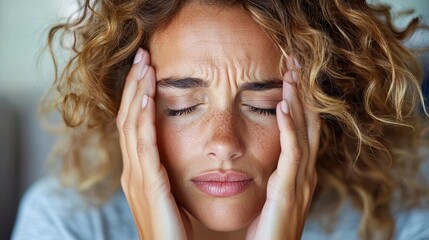 Fototapeta premium A close-up of a woman with closed eyes, displaying an expression of frustration, holding her head with both hands, highlighting emotional distress and tension.