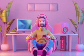 3D carton of E-Sport gamer, streamer man playing online game at home. Cyber sport, esport concept