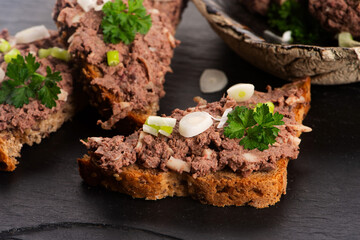 Sandwiches with homemade chicken liver pate for breakfast