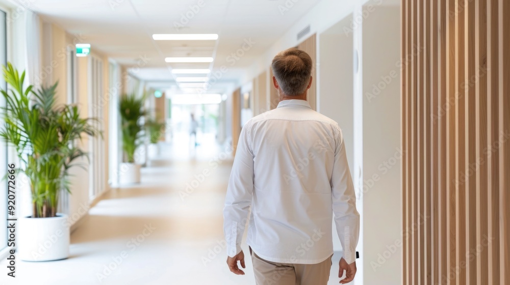 Poster bright and welcoming hallway in a modern office building featuring inclusive design elements to crea